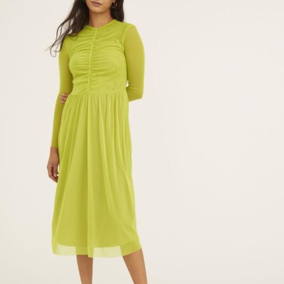Lisa Says Gah XS "Elenor" Midi Mock Neck Sheer Chartreuse Dress - Picture 1 of 5